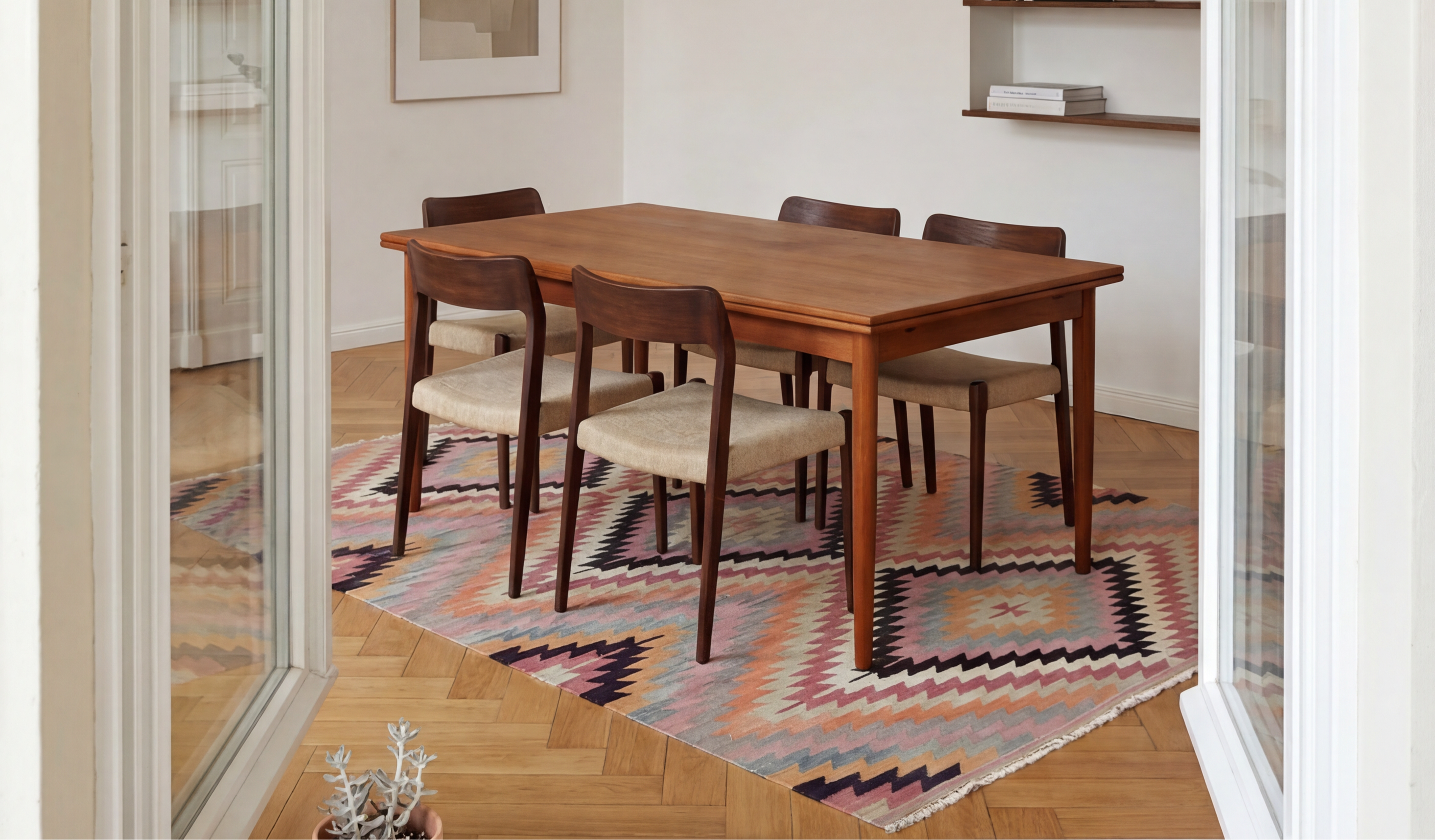 Vintage Kelim aus Denizli – handgewebter Teppich, Wolle, 332 × 205 cm